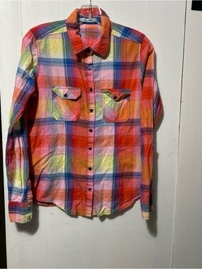 Y2K Maurices Top Womens Medium Plaid Long Sleeve Snap Up Boho Roll Sleeves